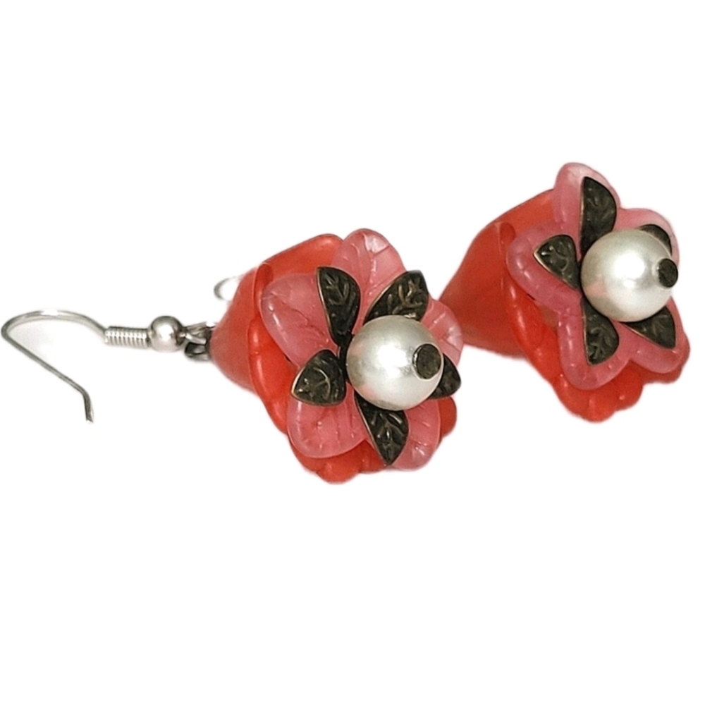 Handmade Red Pink Flower Dangly Pierced Earrings